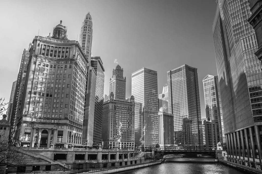 InfluenceWP Black and white Chicago skyline with iconic skyscrapers