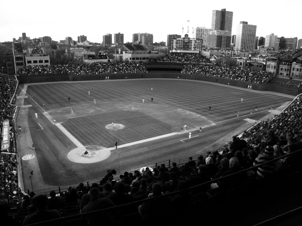 InfluenceWP Wide angle view of baseball game at a city stadium