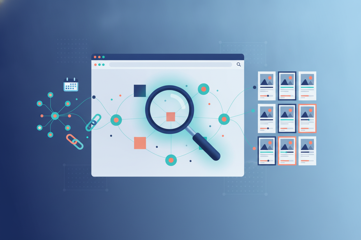 Connected content nodes, article cards, a calendar, and a magnifying glass forming a WordPress content system