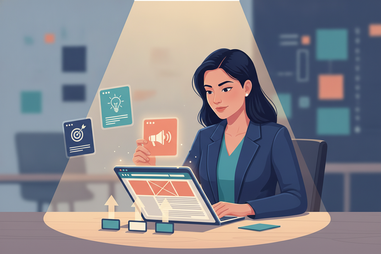Business owner arranging clear message cards around a website wireframe